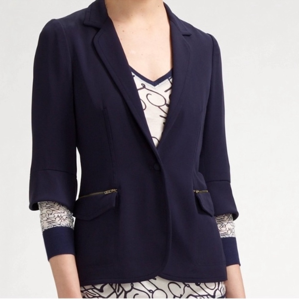Zac Posen Navy Blue Silk One Button Blazer Zipper Front Pockets 3/4 sleeve Sz 14